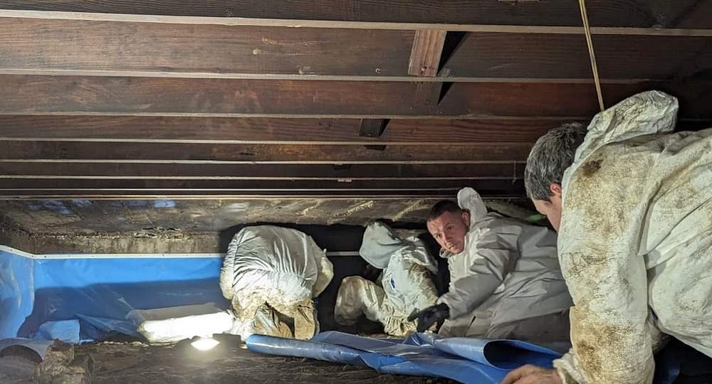 Wide crawl space view of the crew at work in coveralls