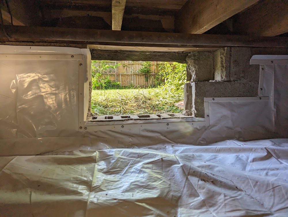 Crawl space access opening framed by liner