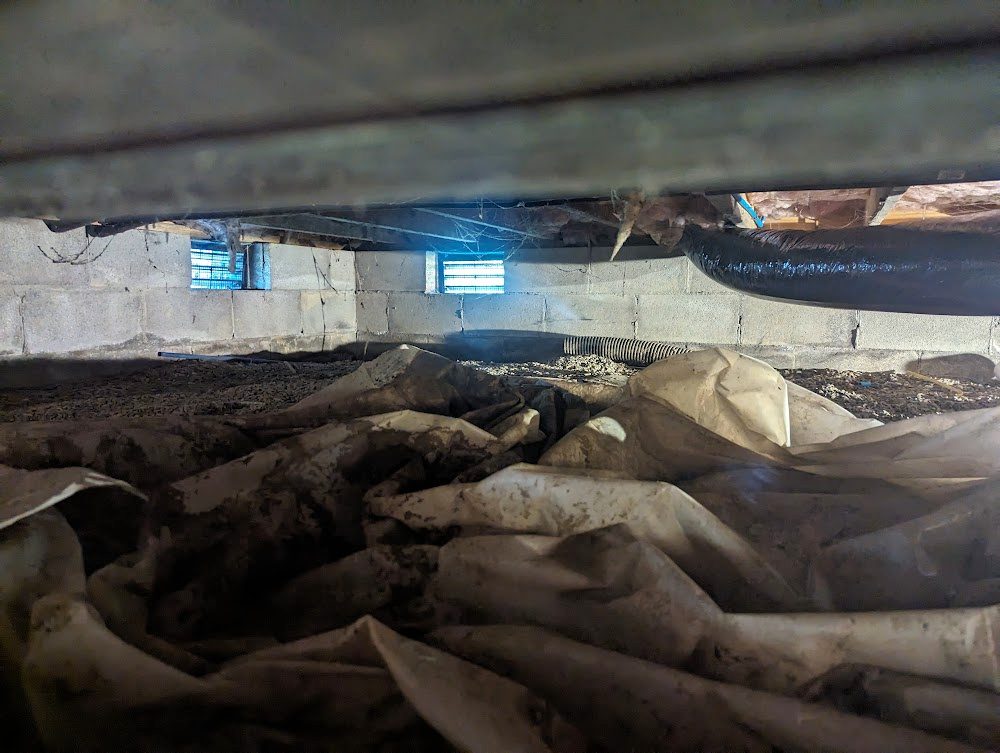 A low crawl space with loose, rumpled floor sheeting, before the work.