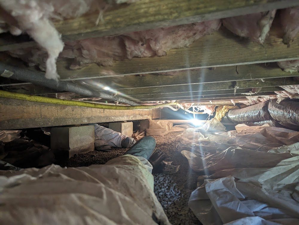 Workers amid loose material beneath old insulation