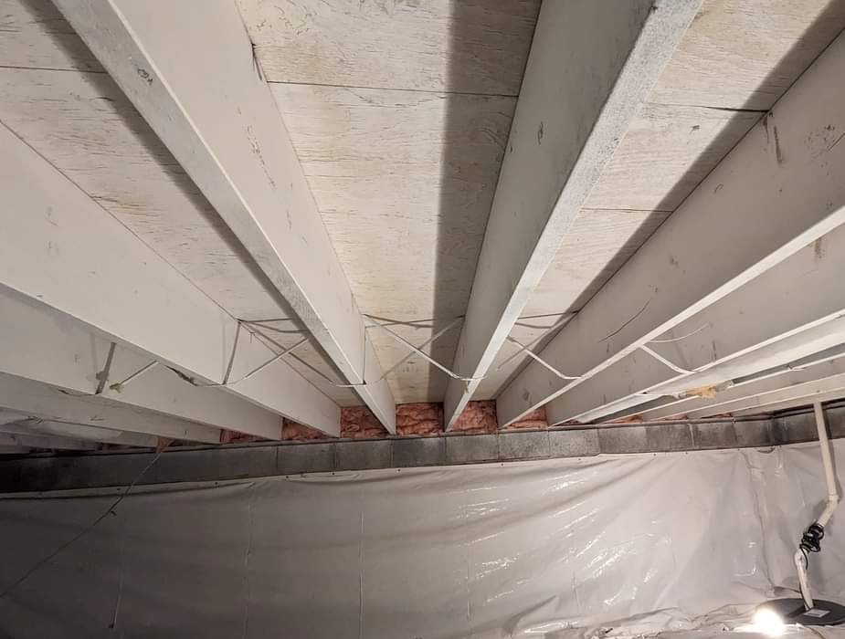 White-coated joists above a crawl space perimeter liner