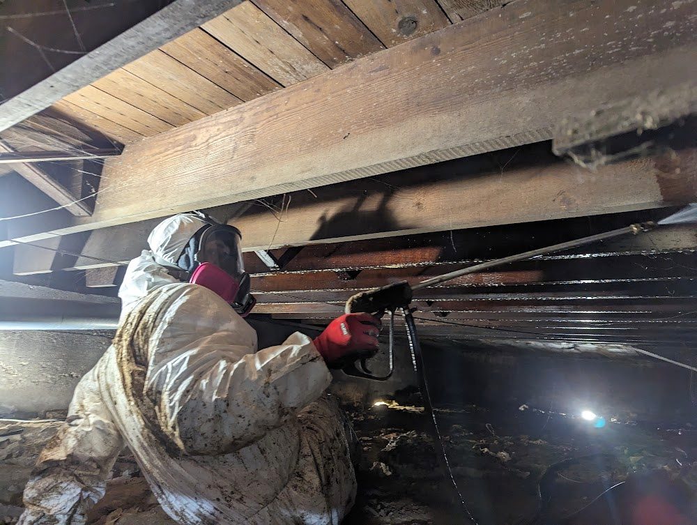 Coveralled worker treating a timber beam with equipment