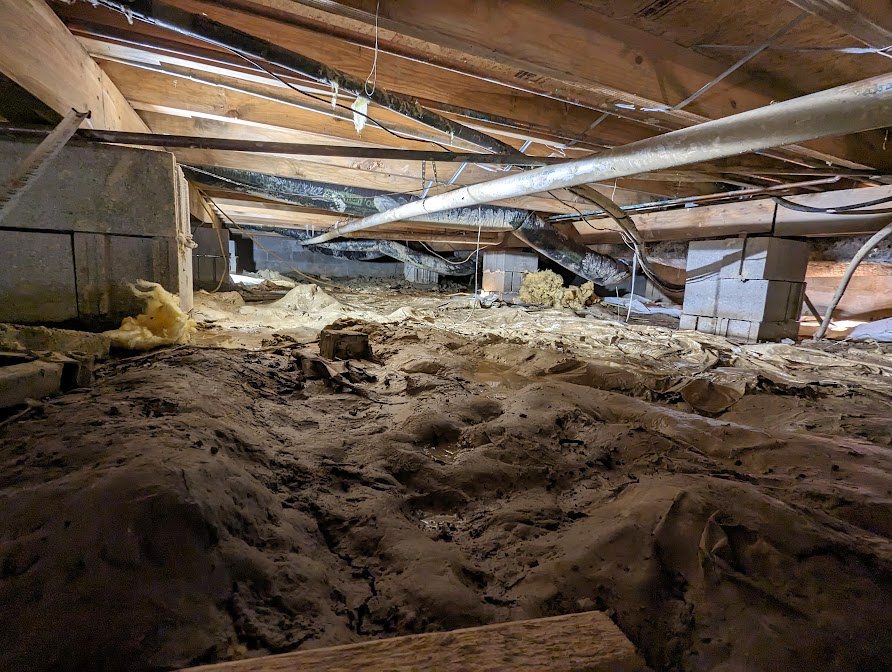 Wide bare-ground crawl space beneath joists and ducts