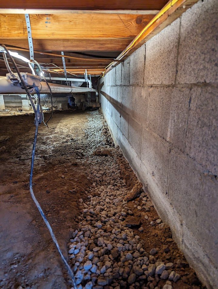 Gravel trench along crawl space wall