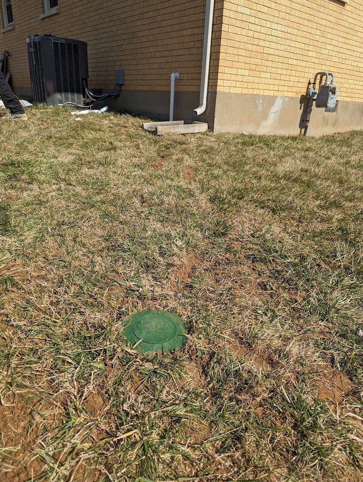 Green emitter in restored lawn beside house