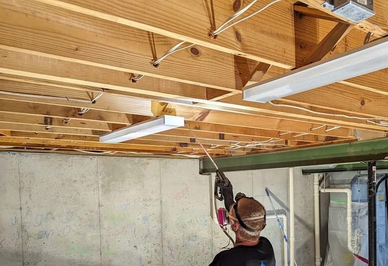 Worker with sprayer beneath timber framing